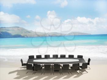 Royalty Free Clipart Image of a Meeting Table on a Beach