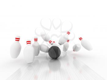 Royalty Free Clipart Image of a Bowling Ball Crashing into Pins