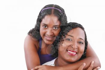 African American mother and daughter isolated on white 
