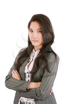 confident business executive woman of Asian, half length closeup portrait on white background
