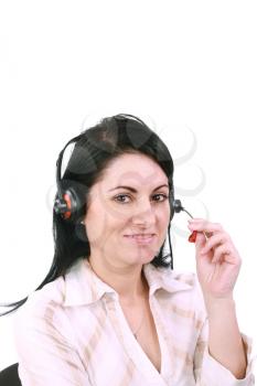 Headset. Customer service operator woman with headset smiling looking at camera.