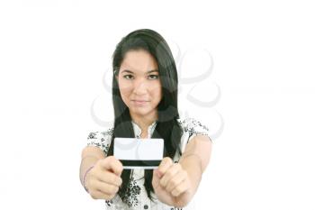woman with a credit card on her hand, focus on woman