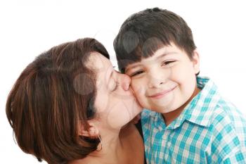 Adorable mother kissing her beautiful son isolated on white background 