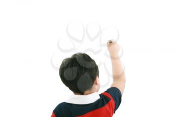 Adorable boy writing on a over white background 