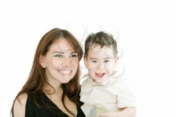 Bright picture of happy mother and little son over white 
