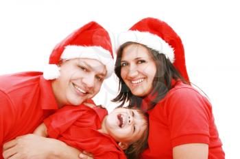 Happiness family in christmas hat isolated on white 
