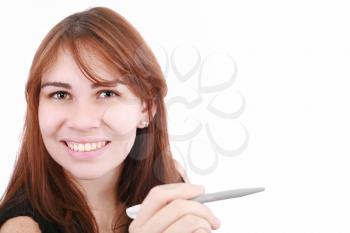 Portrait of beautiful smiling businesswoman with pen at office.