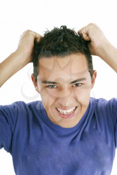Frustrated man, isolated on white, young teenager pulling at her hair.