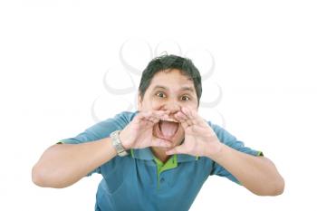 very angry casual man screaming isolated on white background 
