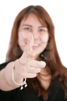 picture of attractive businesswoman pointing her finger 
