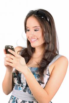 portrait of happy woman with mobile phone 
