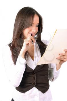 Sexy business woman holding file folder, full length portrait isolated over white. 

