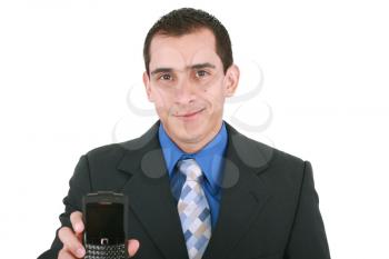 Image of man, businessman, which shows the phone 
