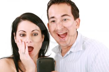young pair was surprised, having read on mobile phone sms. 
