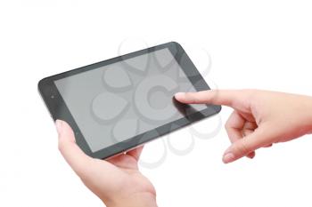 Woman hands holding and pointing on contemporary digital frame with blank screen. 
