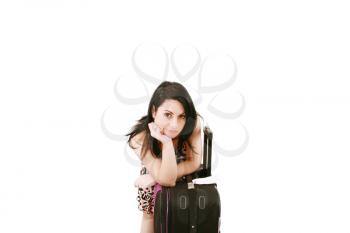 Young woman waiting at airport, isolated over white 