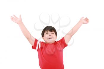 young casual little boy with open arms and looking up, isolated 