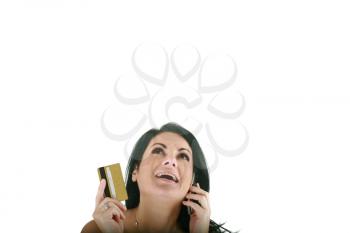 Portrait of smiling young woman using cell phone on white background 
