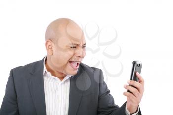 Angry business man screaming on cell mobile phone, portrait of young handsome businessman isolated over white background, concept of executive yelling, conversation problem communication crisis 