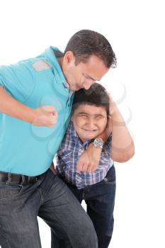 Young boy being aggressively held up by his father 