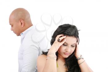 Angry couple, isolated on white. Focus on woman