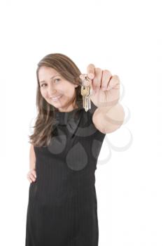 Realtor is giving the keys to an apartment to some clients, focus on the keys 