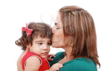 Happy mother kissing her daughter, isolated on white background 