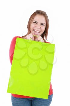 lovely woman happy with shopping bag over white