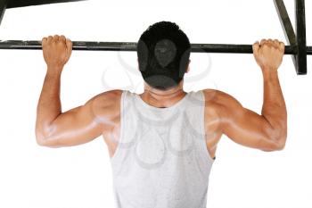 very power athletic guy, execute exercise tightening on horizontal bar, isolated on white