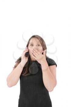 Portrait of woman making a phone call against a white background 