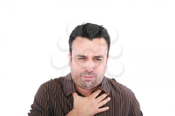 young ill man coughing isolated over white background