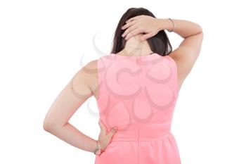 Back View of a Woman with Neck Pain - Isolated over a white background 