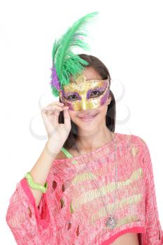 Portrait of attractive beautiful teenager wearing carnival mask 