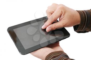 Man hands are pointing on touch screen device 