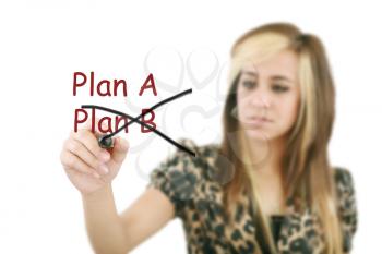 Business plan strategy changing. Woman crossing over Plan A, writing Plan B. Beautiful young smiling businesswoman sketching on virtual screen. Isolated on white background. 
  
