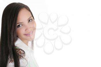 Cute Latina teenage girl smiling with braces on a white background