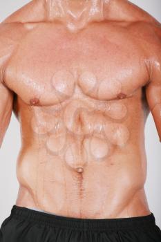 Muscular and tanned male naked torso
