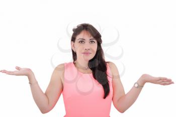 Portrait of a pretty young woman gesturing do not know sign against white background