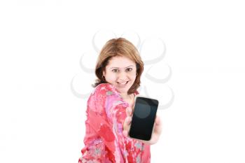 Portrait of an attractive young female advertising cellphone against white background 
