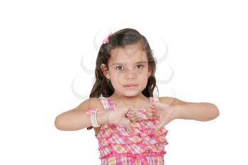 Pretty little girl hand gesturing thumb down failure sign 