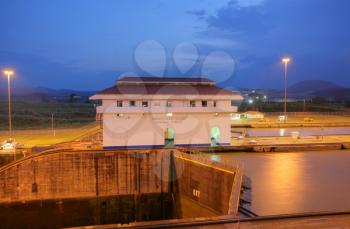 The Miraflores Locks in the Panama Canal in the sunset