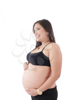 Happy pregnant woman looking to a copyspace isolated