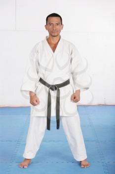 Black belt karate ready to start the training