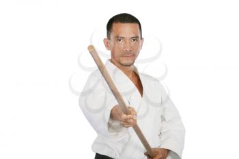 Closeup isolated portrait of martial arts man in kimono excercising karate kata