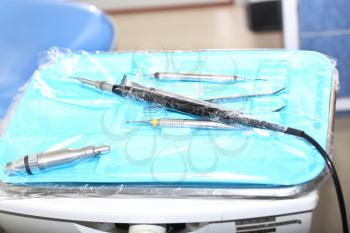 Dentist tools in a tray ready to use