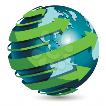 Royalty Free Clipart Image of a World With Green Arrows