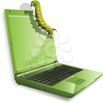 Royalty Free Clipart Image of a Caterpillar Eating a Computer