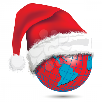 Royalty Free Clipart Image of a Globe Wearing a Santa Hat