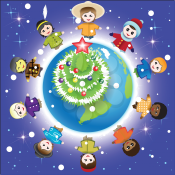 Royalty Free Clipart Image of Children Around the Globe at Christmas