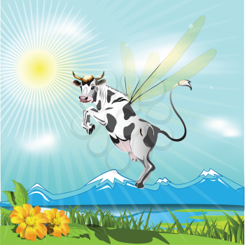 Royalty Free Clipart Image of a Flying Cow